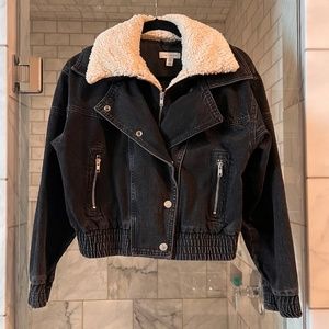 Topshop Black Jean Jacket with Sherpa Collar